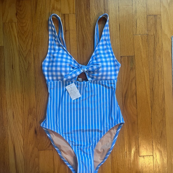 J. Crew Blue Gingham and Stripe One-Piece Swimsuit - Picture 1 of 4